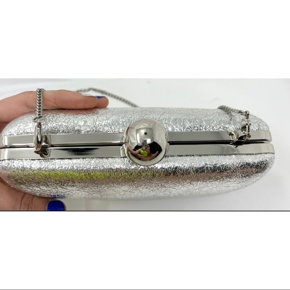 Milly Silver Foiled Hard Clutch Formal Small Chain Shoulder Bag Metallic - Picture 8 of 13